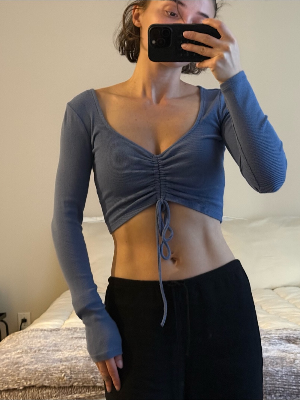 Zara Dusty Blue Ruched Tie-Front Long Sleeve Crop Top
